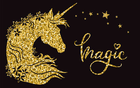 Golden sparkle unicorn head with flowers in mane and stars on black background. Magic lettering quote. Poster, stickers, design and decor print. vector illustration.のイラスト素材