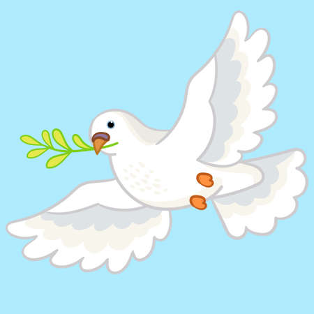 Cute cartoon flying white dove bird with branch of the plant. Cute pigeon of peace isolated on blue background. Cartoon draw design graphic vector illustration.のイラスト素材