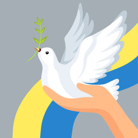 Cartoon white dove bird with branch of the plant in hand and background with Ukrainian flag. Cute pigeon of peace isolated on gray background. Cartoon draw design graphic vector illustration.のイラスト素材