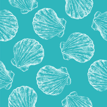 Seamless pattern of white seashells. Turquoise marine background. hand drawn vector illustration....
