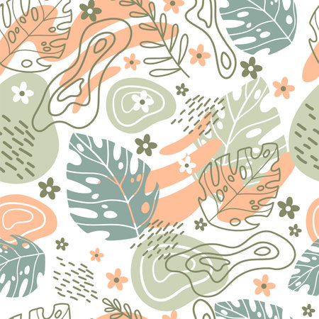 Seamless abstract tropical pattern with hand drawn elements in soft trendy colors. vector...