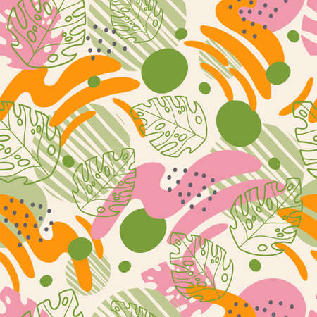 Seamless abstract tropical pattern with hand drawn elements in trendy colors. vector background. Illustration of exotic plants and flowers. For cards, posters, print, textile, wallpaper and bed linenのイラスト素材