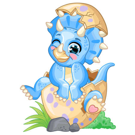 Cute cartoon baby blue triceratops in egg vector illustrationのイラスト素材