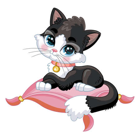 Cute black kitten lying on a pillow cartoon character vector illustrationのイラスト素材