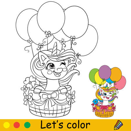 Cartoon unicorn on air balloons coloring book page vectorのイラスト素材