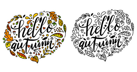Hello autumn lettering phrase with doodle leaves. Black and white and color templates. Vector illustration isolated on white background. For print, design, textiles, T-shirt , stickers, postcardsのイラスト素材