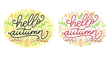 Hello autumn lettering phrase with doodle leaves. Autumn concept color templates. Vector illustration isolated on white background. For print, design, textiles, T-shirt , stickers, postcardsのイラスト素材