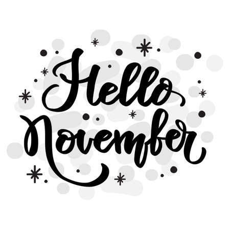 Hello november lettering phrase with doodle elements. Black vector illustration isolated on white background. autumn concept. For print, design, textiles, scrapbooking, T-shirt, stickers, postcard.のイラスト素材