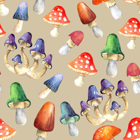 Watercolor seamless pattern with mushrooms and toadstool. Watercolor illustration on beige background. wallpaper design. For card, poster, t shirt, decor, packaging paper, apparel and bed linen.の写真素材