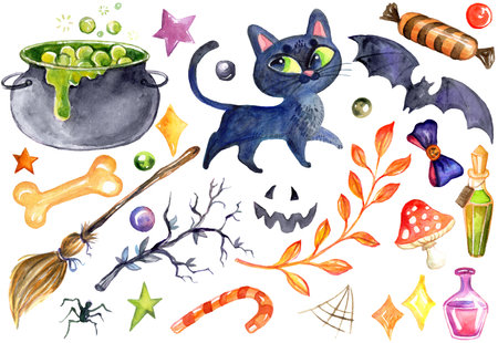 Watercolor illustration set of different spooky Halloween elements black cat, potion, broomstick,bat. Halloween Isolated hand drawn painting. For party, posters, design, print, decor, clothes, stickerの写真素材