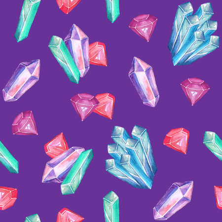 Seamless pattern with colorful fairytale crystals gems on purple background. watercolor hand painted illustration. Multicolored gem stones For card, poster, design, t shirt, decor, apparel, bed linenの写真素材