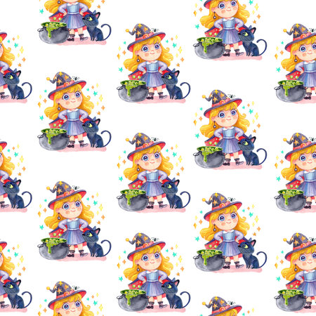 Halloween seamless pattern design with cute cartoon witch, blach cat and cauldron. watercolor illustration on white background. Wallpaper design. For card, poster, t shirt, decor, apparel, bed linen.の写真素材