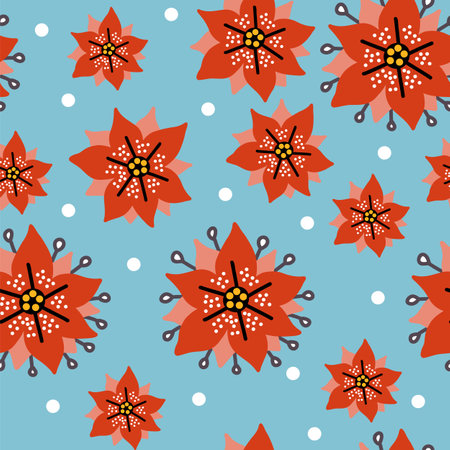 Seamless pattern christmas flowers Poinsettia on blue background vector illustration. For print, design of Christmas products, greeting cards, wrapping paper, fabric, porcelain, bed linen, decorのイラスト素材