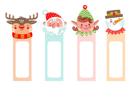 Set of cute cartoon bookmarks with heads of Christmas characters deer, Santa, Elf and Snowman and empty space for tags writing. For print, design, decor and party, stickers, sale templateのイラスト素材