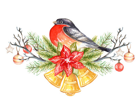 Floral horizontal composition with a Christmas tree, bells and a bullfinch. Watercolor realistic hand drawn isolated illustration. white background. For cards, decor, christmas design, print, porcelainの写真素材