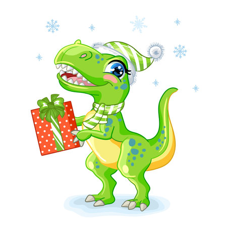 Cute tyrannosaurus in hat with christmas gifts. cartoon character. Vector isolated illustration. For print, design, posters, cards, stickers, decor, kids apparel, baby shower and invitationのイラスト素材
