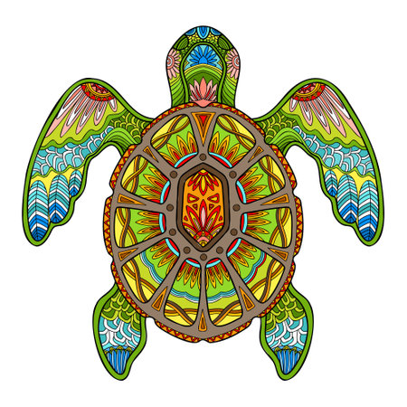 Abstract sea turtle close up with tangle doodle elements. Vector colorful illustration isolated on white background. For design, print, decor, tattoo, t-shirt, puzzle, poster, porcelain and stickersのイラスト素材