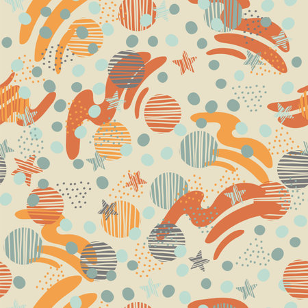 Seamless pattern with abstract shapes and stars in minimalism style in trendy colors. Vector illustration on a beige background. For cards, design, print, textile, wallpaperのイラスト素材