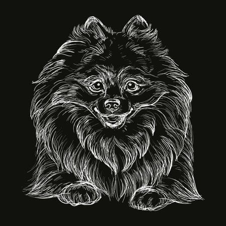 Hand drawn close up Pomeranian head in white color on a black background. Engraving vector illustration with a dog. For engraving, decoration, design, print, posters, cards, stickers, tattoo, t-shirtのイラスト素材