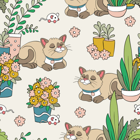 Seamless pattern with sleepy cats and plants vector illustrationのイラスト素材
