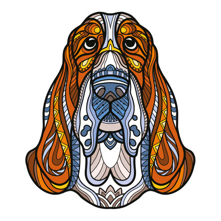 Abstract dog head with decorative ornaments and doodle elements. Close up Basset hound dog. vector illustration. For puzzle, print, decor, T-shirt design, mosaic, tattoo and embroderyのイラスト素材