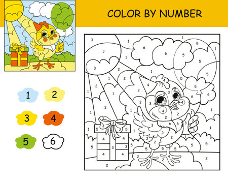 Coloring puzzle with number of color for kids with cute chicken. Printable coloring worksheet for kids leisure. Black and white picture with color illustration example. cartoon vector illustrationのイラスト素材