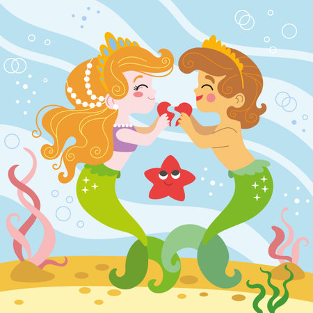 Two mermaids falling in love under the sea. Vector cartoon illustration in flat style. underwater world. For print, design, poster, sticker, card, decoration and t shirt designのイラスト素材