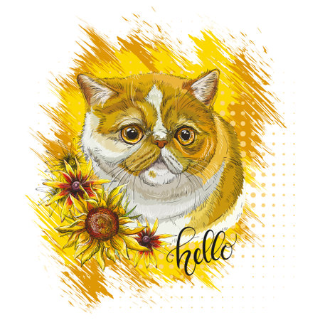 Cute persian cat head with sunflowers. Close up cat portrait. Hello lettering quote. Hand drawn modern vector illustration. Design for t-shirt, print, stickers, sublimation and decorのイラスト素材