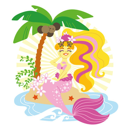 Cute cartoon beautiful mermaid with pink tail. Vector cartoon illustration in flat style isolated on a white background. For print, design, poster, sticker, card, decoration and t shirt designのイラスト素材