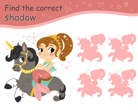 Find the correct shadow. Cute mermaid on the seahorse. Educational matching game for children with cartoon character. Activity, logic game, learning card with task for kids, vector illustrationのイラスト素材