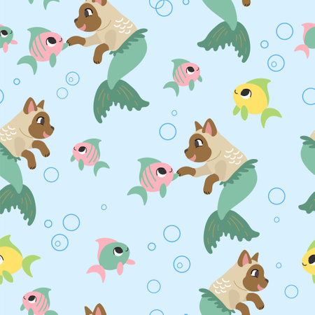 Seamless childish pattern with cute cat mermaid and a fish on blue background. vector illustration. Creative kids texture for design, print, linen, fabric, wrapping, textile, wallpaper and apparelのイラスト素材