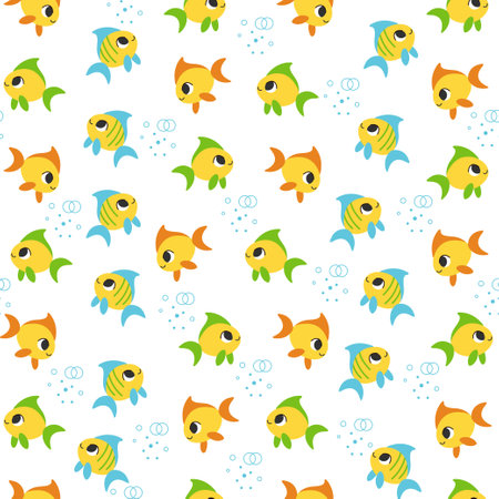 Seamless childish pattern with cute happy yellow fishes on a white background. vector illustration. Creative kids texture for design, print, linen, fabric, wrapping, textile, wallpaper and apparelのイラスト素材