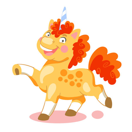 Cute cartoon character joyful bodypositive ginger unicorn with a curly red mane and tail. Vector isolated illustration. white background. For print, design, poster, sticker, card, decoration, t shirtのイラスト素材