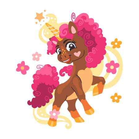 Cute cartoon character black skin unicorn with pink mane and flowers. Vector isolated illustration. white background. Happy magic unicorn. For print, design, poster, sticker, card, decoration, t shirtのイラスト素材