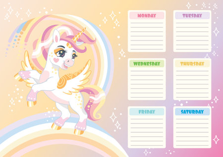 Timetable with cute unicorn. Rainbow girly weekly planner. Ready to print vector design of timetable for baby girls with magic horses. Kids schedule of classes. vector illustration.のイラスト素材