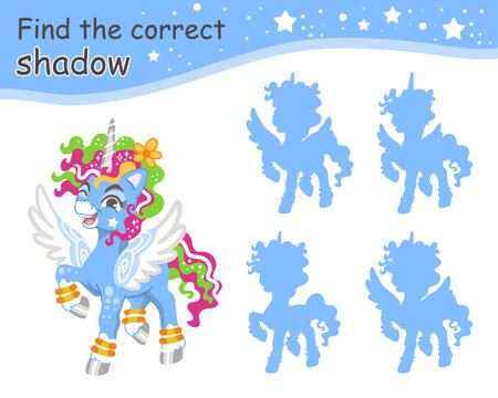 Find the correct shadow. Cute curly unicorn and blue shadows. Educational matching game for children with cartoon character. Activity, logic game, learning card with task for kids, vector illustrationのイラスト素材