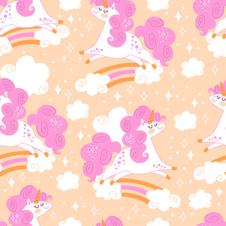 Seamless pattern with cute unicorns, rainbows and sparks on orange background. Vector illustration for party, print, baby shower, wallpaper, design, decor, linen, dishes, bed linen, apparelのイラスト素材
