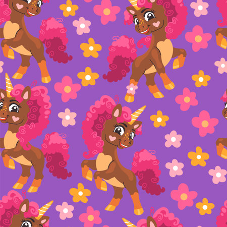 Seamless pattern with cute cartoon unicorns with pink curly mane and flowers on purple background. Vector illustration for party, print, baby shower, wallpaper, design, decor, linen, dishes, apparelのイラスト素材