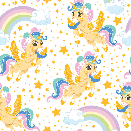 Seamless vector pattern with cute yellow flying unicorns with a rainbows and stars on a white background. For textiles, wallpapers or prints, party, baby shower, design, decor, linen, dishes, apparelのイラスト素材