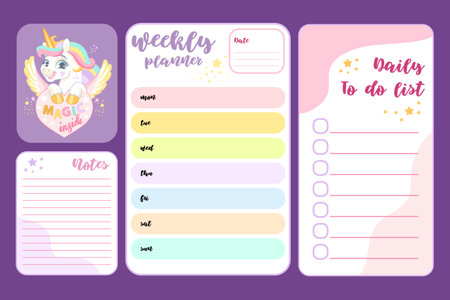Set of daily planner with cute unicorn. Kids schedule of classes. Notes and to do list. Memo pages and sticker with magic horse. Timetable design. Printable organizer sheets. Vector illustration.のイラスト素材