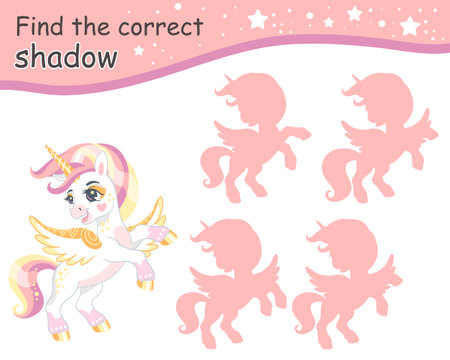 Find the correct shadow. Cute cartoon romantic unicorn. Educational matching game for children with cartoon character. Activity, logic game, learning card with task for kids, vector illustrationのイラスト素材