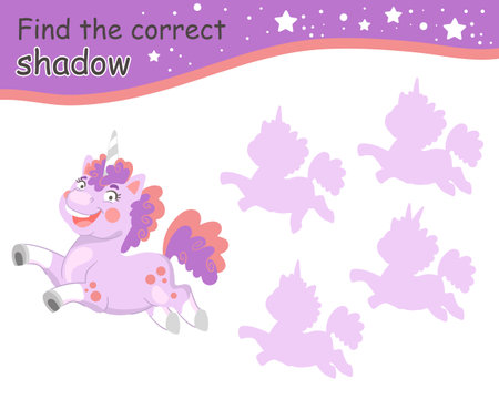 Find the correct shadow. Cute cartoon purple bodypositive unicorn. Educational matching game for children with cartoon character. Activity, logic game,kids learning card with task, vector illustrationのイラスト素材