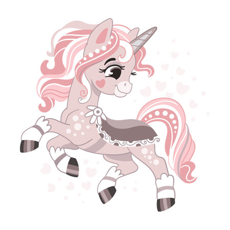 Cute happy smiling unicorn in pastel colors. Vector illustration in cartoon style for print, decor, kids clothes, souvenirs, stickers. Isolated character on white backgroundのイラスト素材