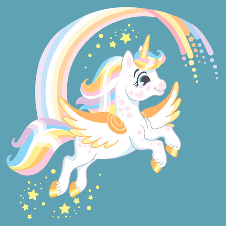 Cute happy smiling magic unicorn with a rainbow in pastel colors. Vector illustration in cartoon style for print, decor, kids clothes, souvenirs, stickers. Isolated character on white backgroundのイラスト素材