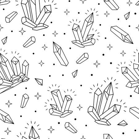 Magic seamless pattern with black outline crystals and sparkle on a white background. Vector illustration. Boho mystical esoteric background for design of fabric, packaging, astrology, wrapping paperのイラスト素材