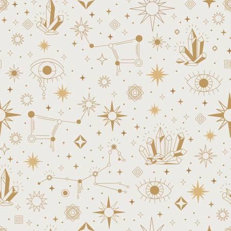 Vector magic seamless pattern with golden constellations, magic eyes, crystal and stars. Boho mystical esoteric background for design of fabric, packaging, astrology, phone case, wrapping paper.のイラスト素材