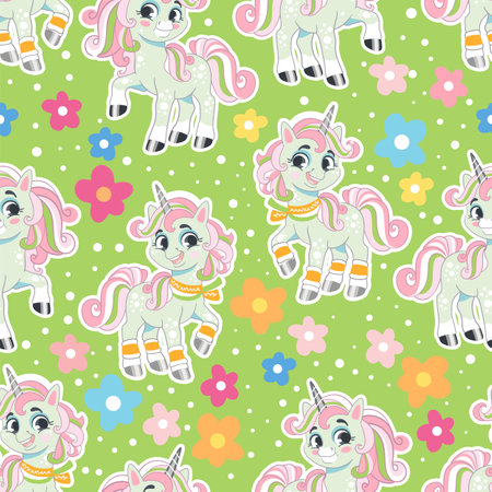 Beautiful summer unicorn with flowers on a green background seamless patternのイラスト素材