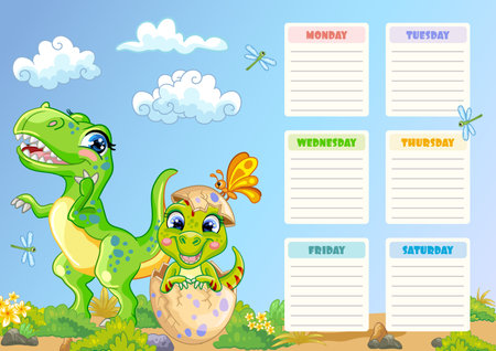 Dinosaurs stationery weekly planner and daily organizer for kids, Monday to Sunday schedule. Cute vector Tyrannosaurus rex and baby. Colorful illustration. Time table organizer frame. Editable elementのイラスト素材