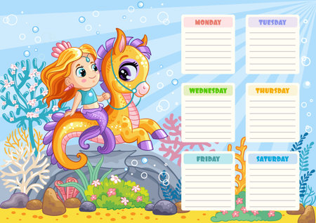 Cute mermaid weekly planner. Funny school schedule, underwater princess on a seahorse in a colorful underwater world, learning notebook, girls stationery template vector cartoon flat concept. Ready to printのイラスト素材