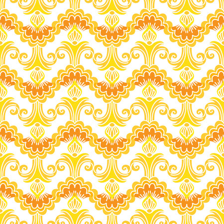 Abstract seamless pattern with decorative ornament. Symmetry red and yellow ornate elements on a white background. Vector illustration for print, design, decoration, wrapping paper, tile, fabricのイラスト素材